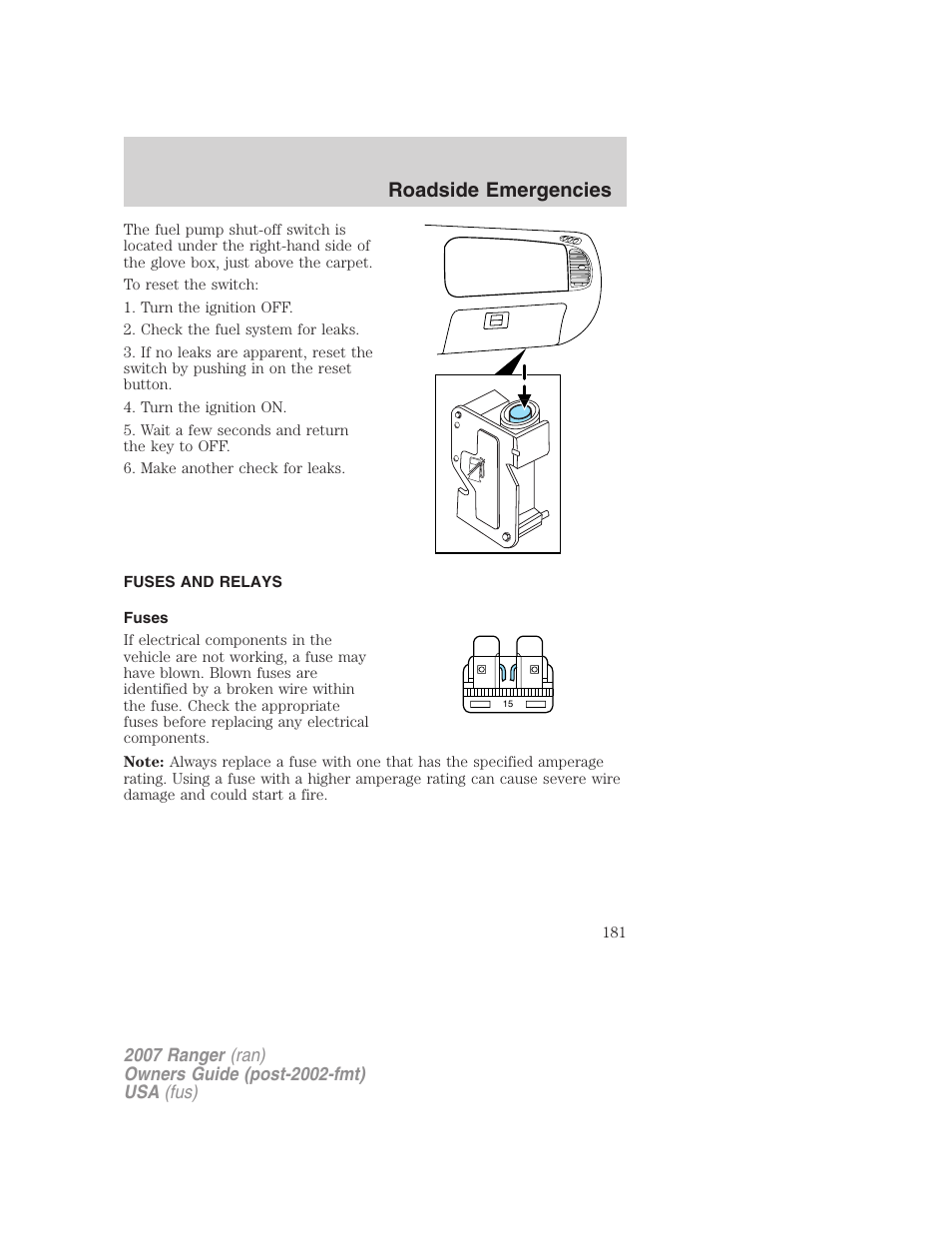 Fuses and relays, Fuses, Roadside emergencies | FORD 2007 Ranger v.1 User Manual | Page 181 / 280