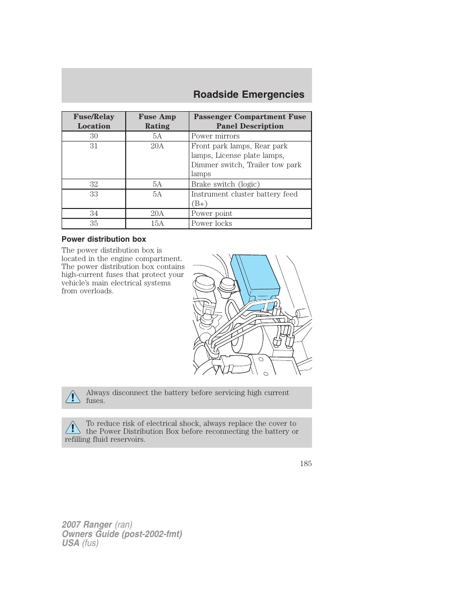 Power distribution box, Roadside emergencies | FORD 2007 Ranger v.1 User Manual | Page 185 / 280