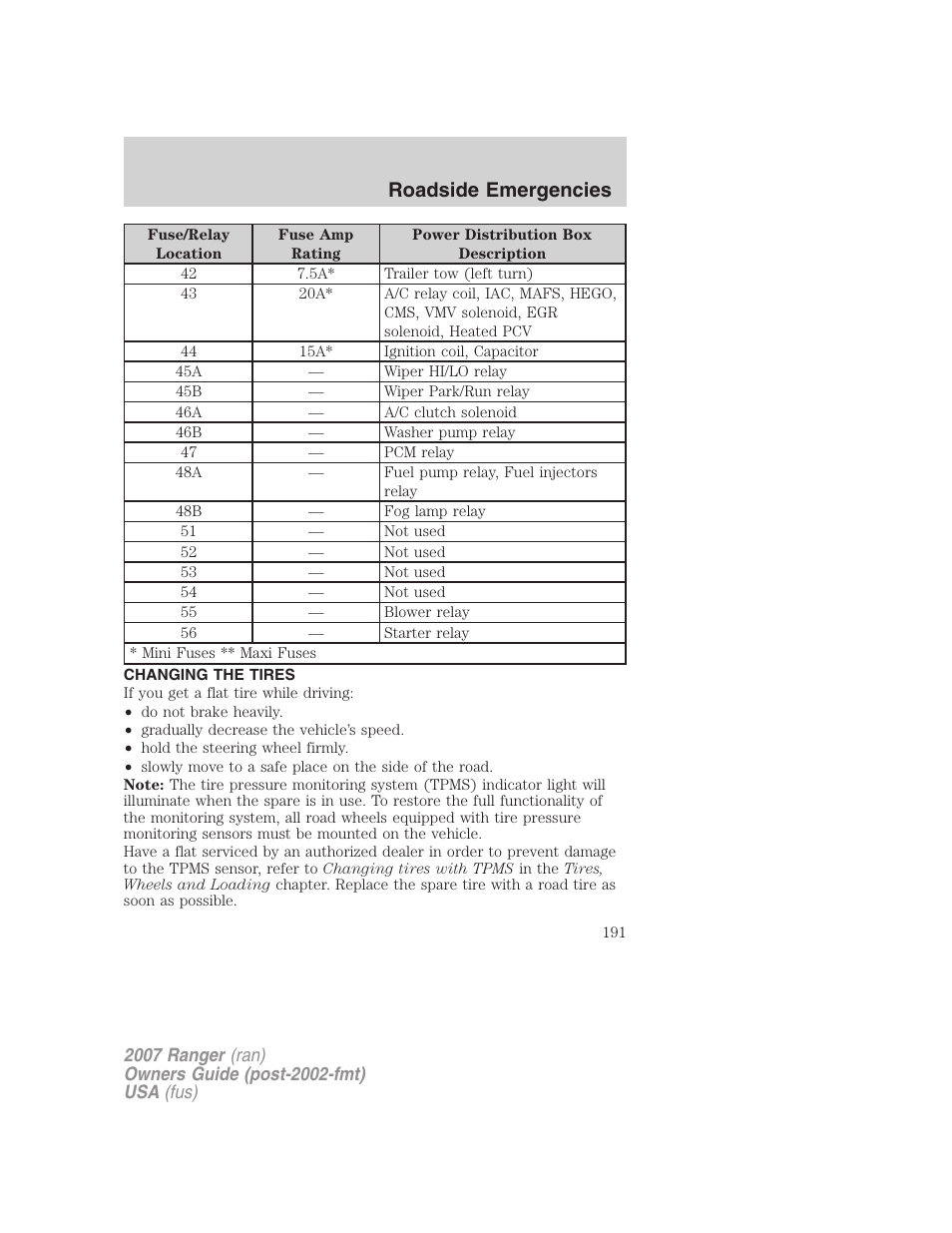 Changing the tires, Changing tires, Roadside emergencies | FORD 2007 Ranger v.1 User Manual | Page 191 / 280