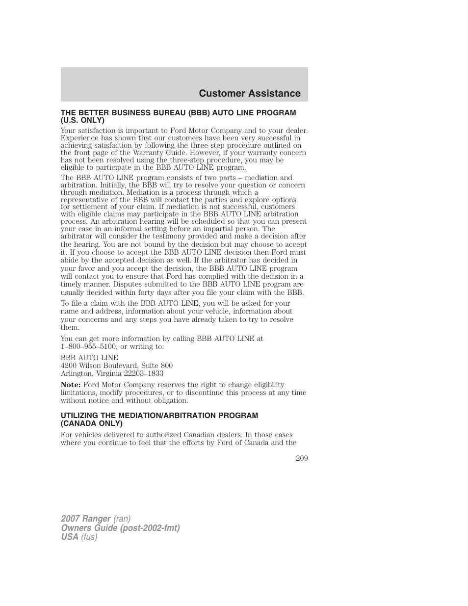 Customer assistance | FORD 2007 Ranger v.1 User Manual | Page 209 / 280