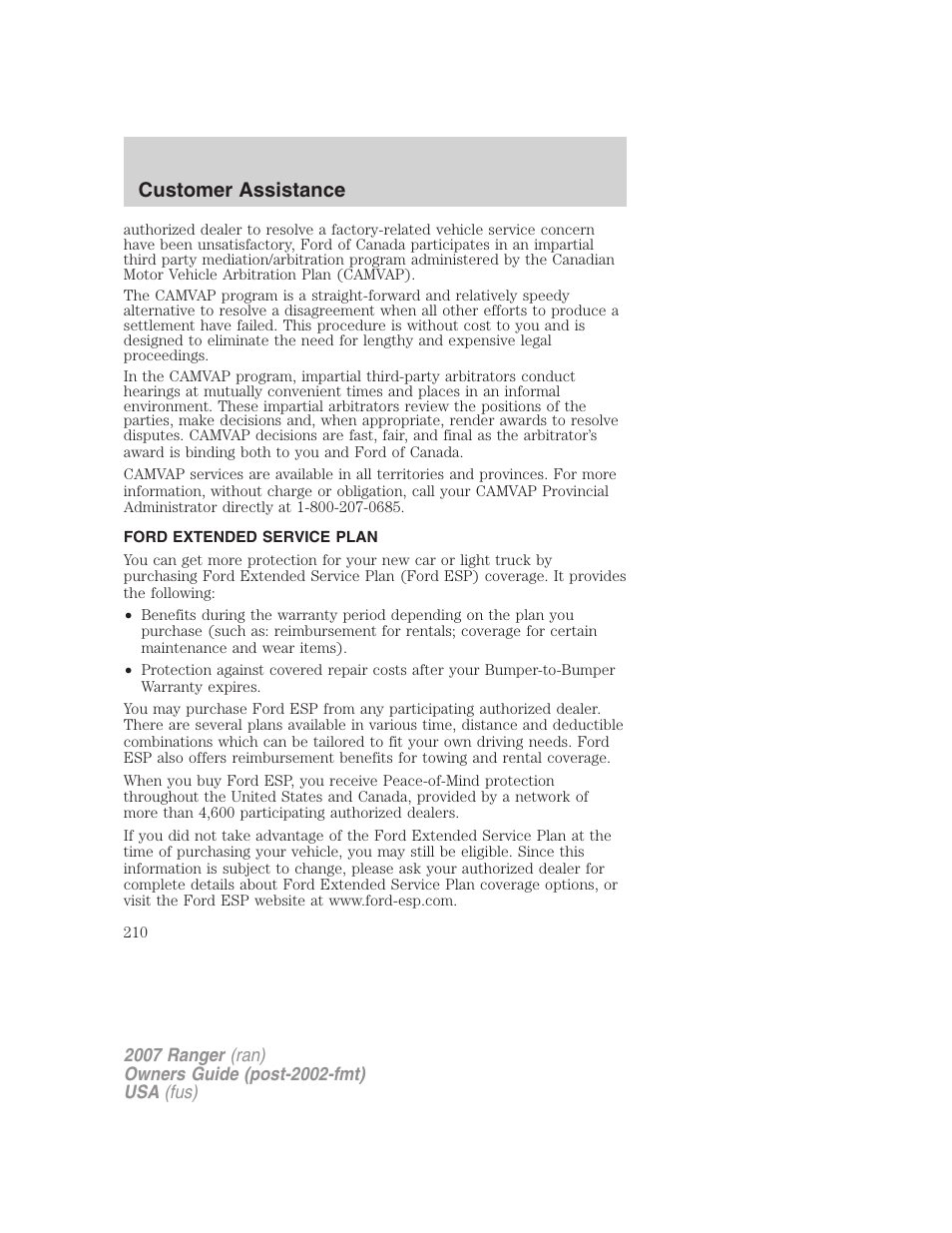 Ford extended service plan, Customer assistance | FORD 2007 Ranger v.1 User Manual | Page 210 / 280