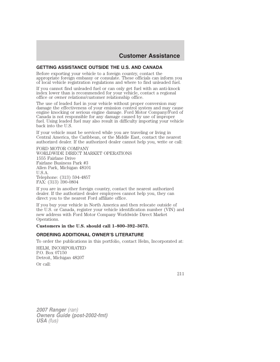 Getting assistance outside the u.s. and canada, Ordering additional owner’s literature, Customer assistance | FORD 2007 Ranger v.1 User Manual | Page 211 / 280