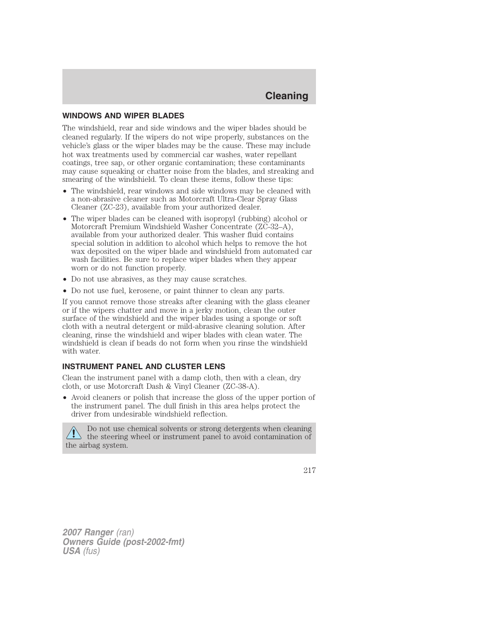 Windows and wiper blades, Instrument panel and cluster lens, Cleaning | FORD 2007 Ranger v.1 User Manual | Page 217 / 280