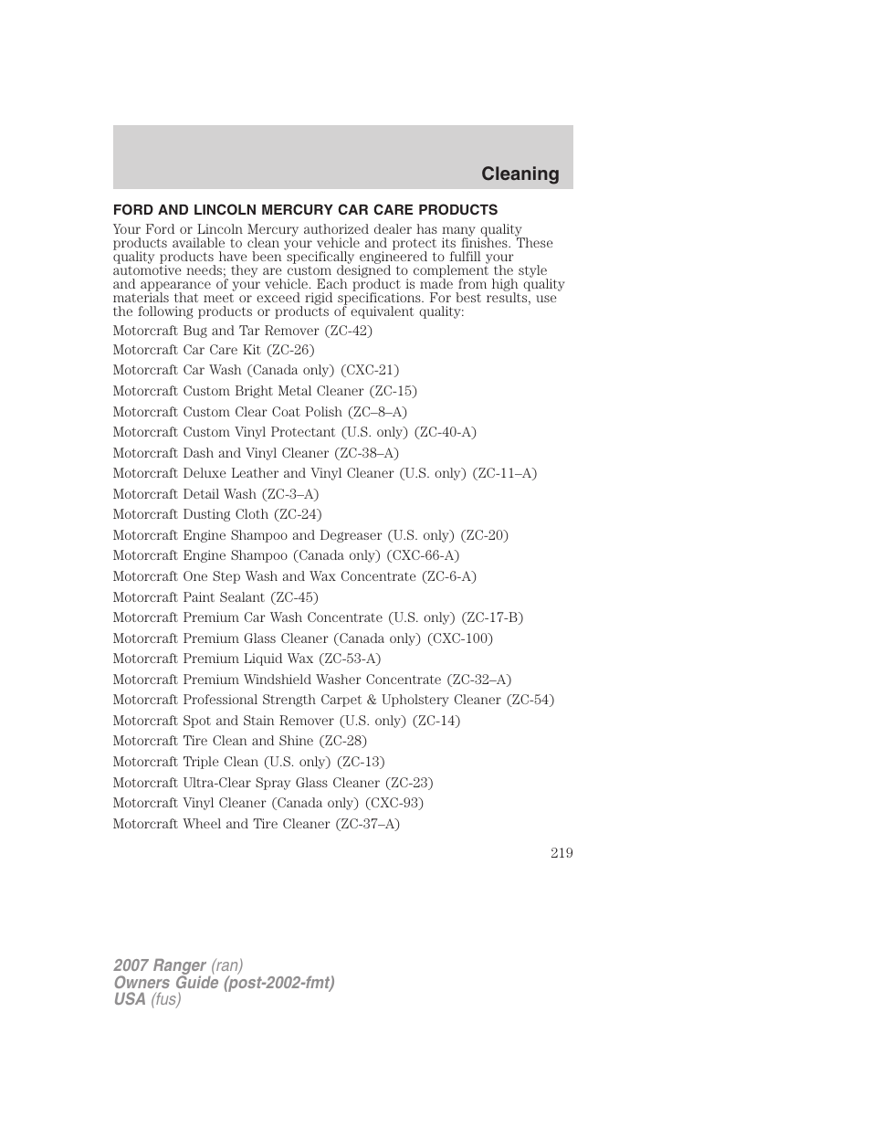 Ford and lincoln mercury car care products, Cleaning | FORD 2007 Ranger v.1 User Manual | Page 219 / 280