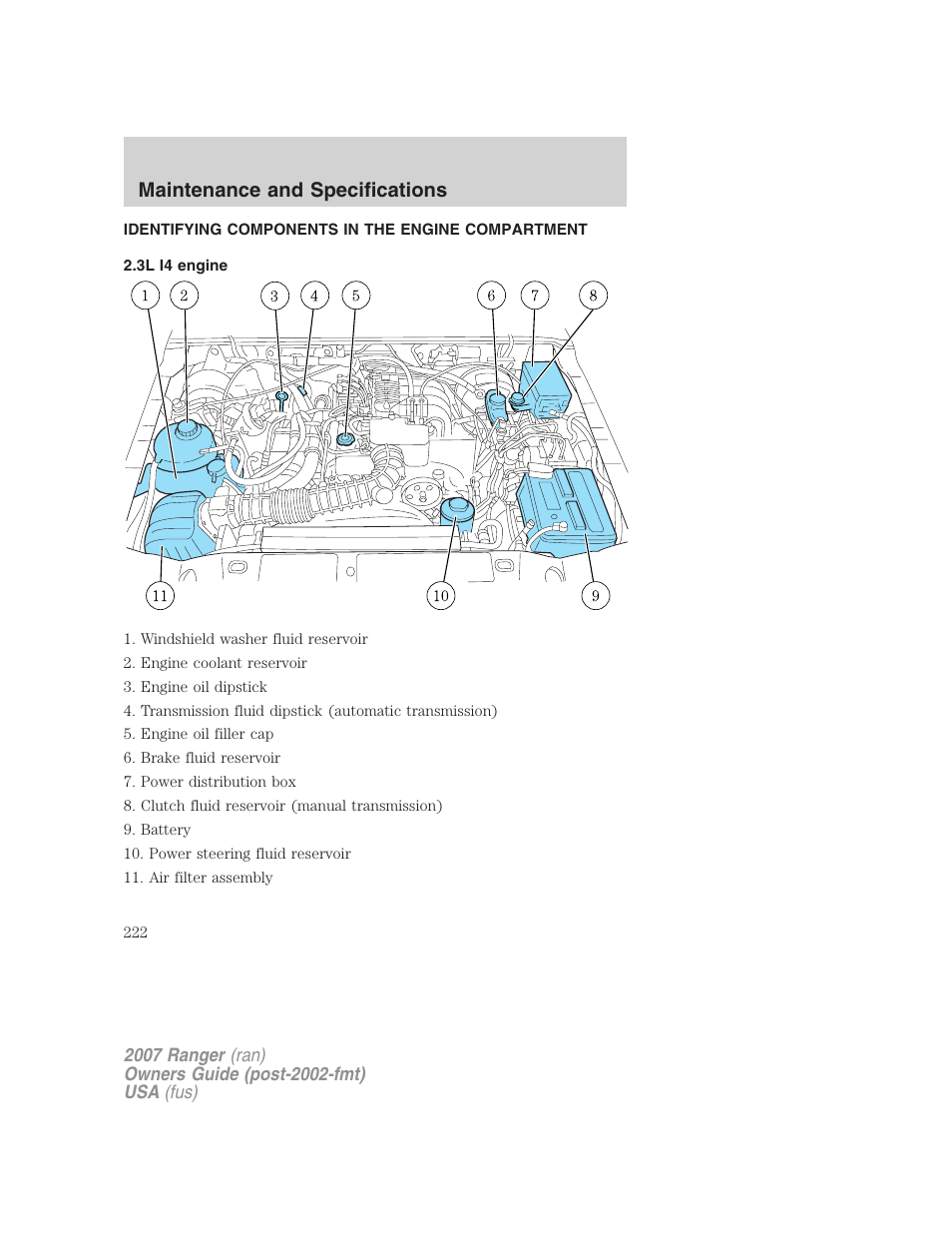 Identifying components in the engine compartment, 3l i4 engine, Engine compartment | Maintenance and specifications | FORD 2007 Ranger v.1 User Manual | Page 222 / 280