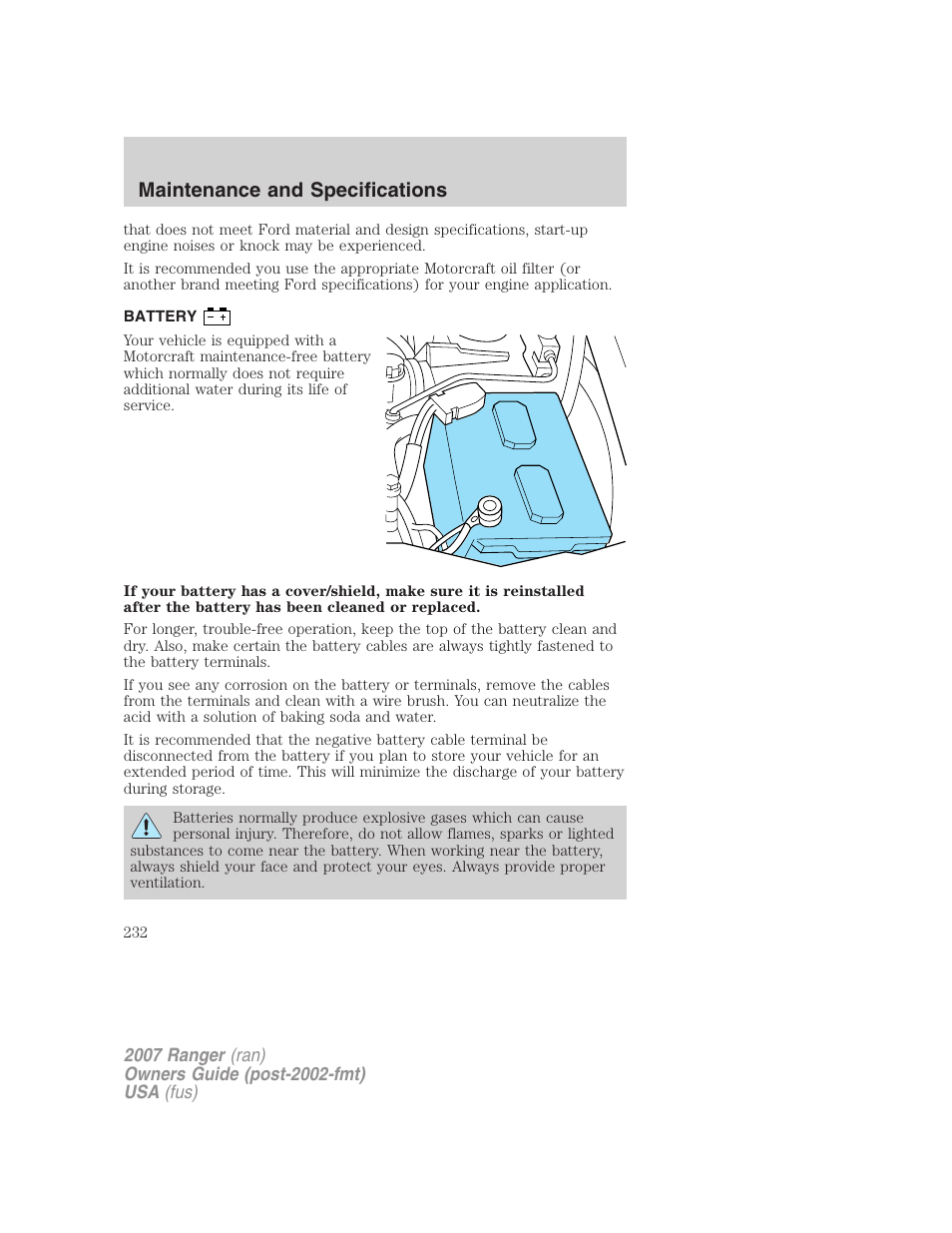 Battery, Maintenance and specifications | FORD 2007 Ranger v.1 User Manual | Page 232 / 280