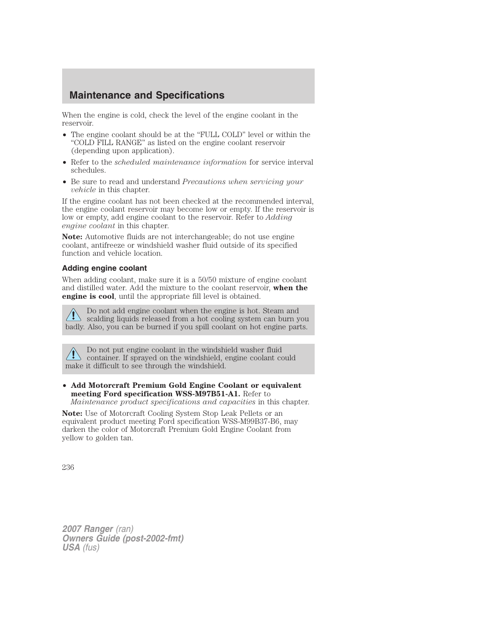 Adding engine coolant, Maintenance and specifications | FORD 2007 Ranger v.1 User Manual | Page 236 / 280