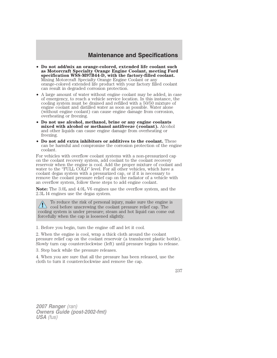 Maintenance and specifications | FORD 2007 Ranger v.1 User Manual | Page 237 / 280