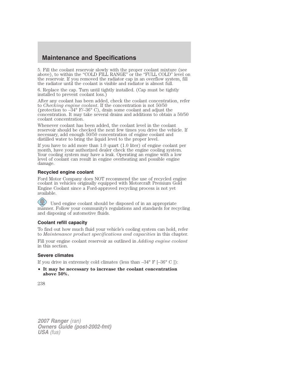 Recycled engine coolant, Coolant refill capacity, Severe climates | Maintenance and specifications | FORD 2007 Ranger v.1 User Manual | Page 238 / 280