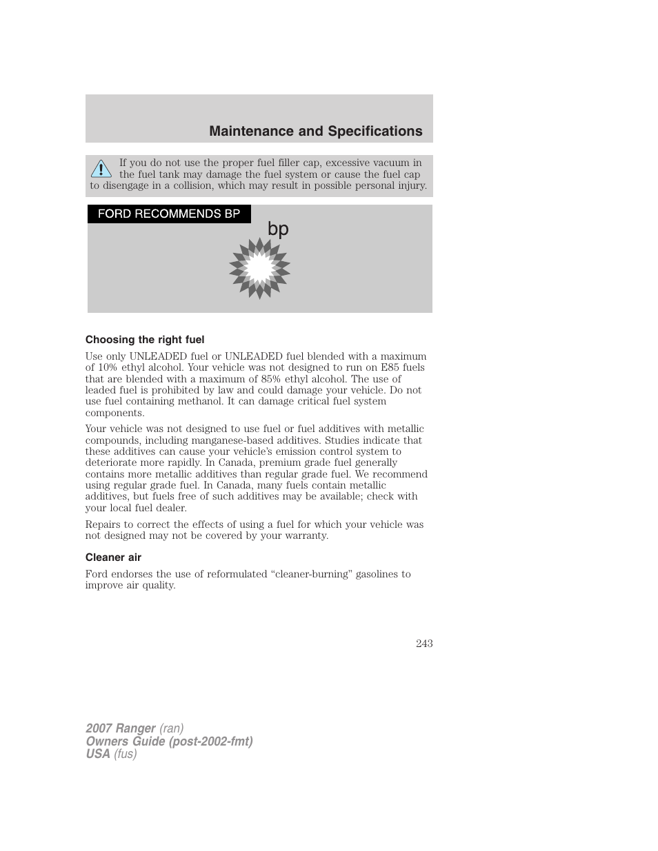 Choosing the right fuel, Cleaner air, Maintenance and specifications | FORD 2007 Ranger v.1 User Manual | Page 243 / 280