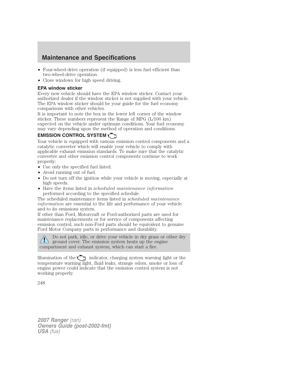 Epa window sticker, Emission control system, Maintenance and specifications | FORD 2007 Ranger v.1 User Manual | Page 248 / 280