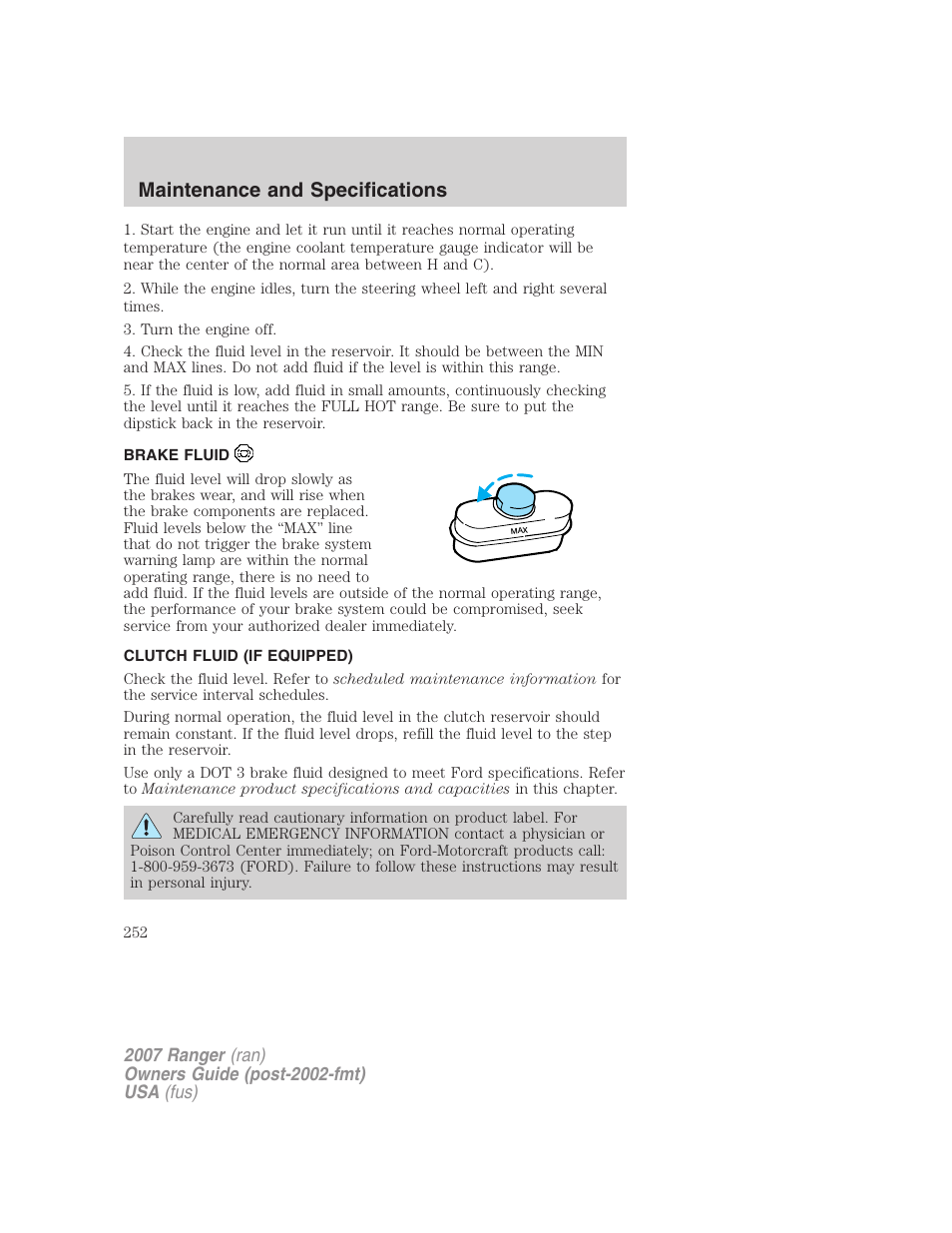 Brake fluid, Clutch fluid (if equipped), Maintenance and specifications | FORD 2007 Ranger v.1 User Manual | Page 252 / 280