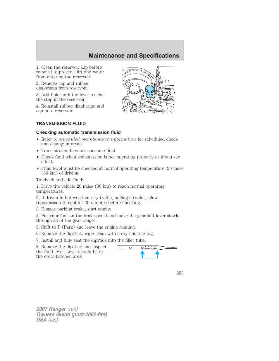 Transmission fluid, Checking automatic transmission fluid, Maintenance and specifications | FORD 2007 Ranger v.1 User Manual | Page 253 / 280