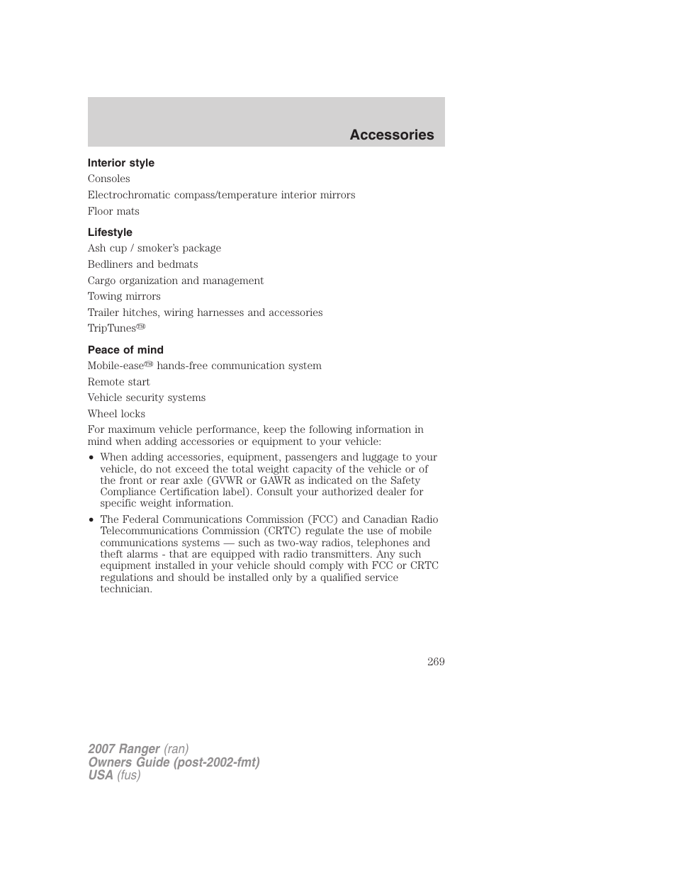 Interior style, Lifestyle, Peace of mind | Accessories | FORD 2007 Ranger v.1 User Manual | Page 269 / 280