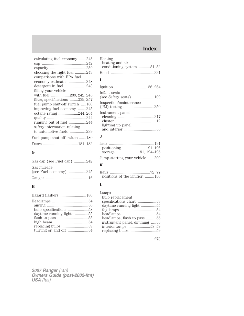 Index | FORD 2007 Ranger v.1 User Manual | Page 273 / 280