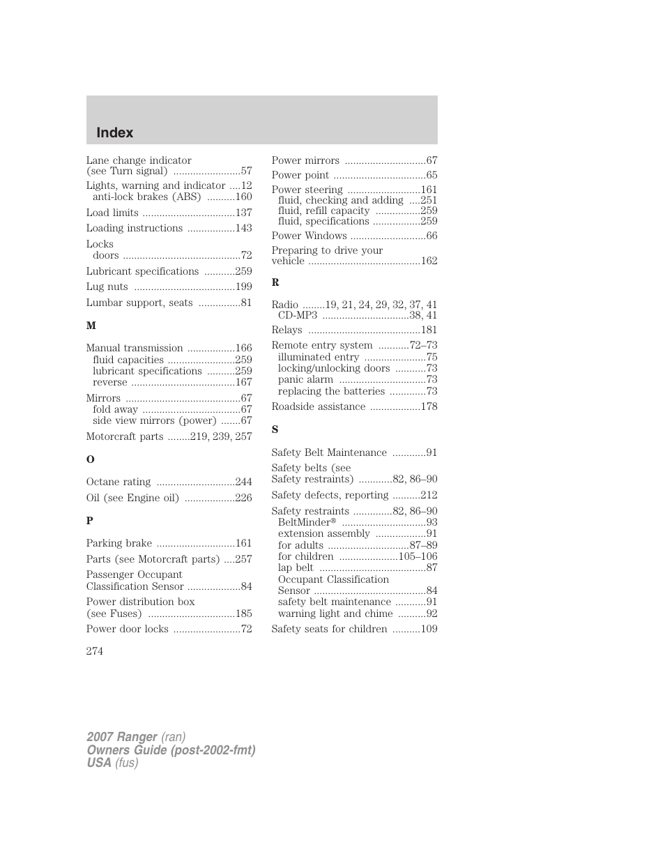 Index | FORD 2007 Ranger v.1 User Manual | Page 274 / 280