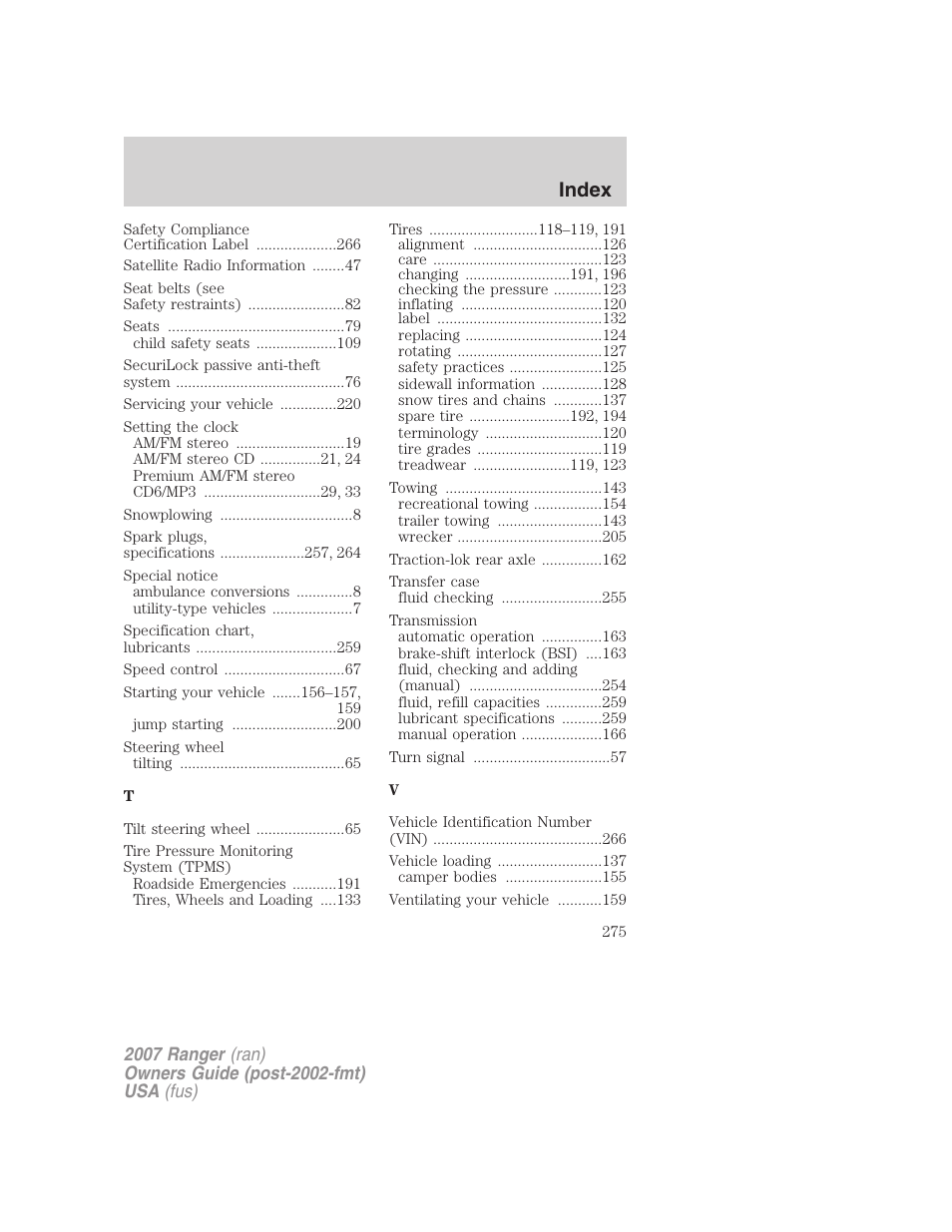 Index | FORD 2007 Ranger v.1 User Manual | Page 275 / 280