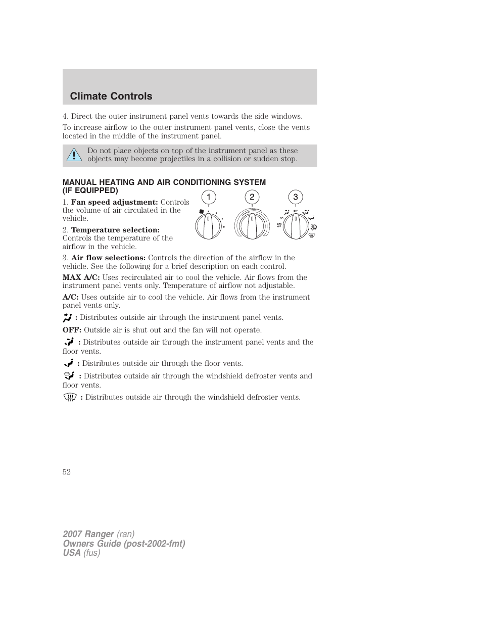 Manual heating and air conditioning, Climate controls | FORD 2007 Ranger v.1 User Manual | Page 52 / 280