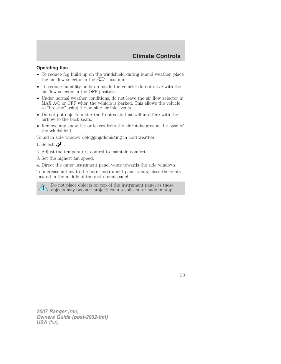 Operating tips, Climate controls | FORD 2007 Ranger v.1 User Manual | Page 53 / 280