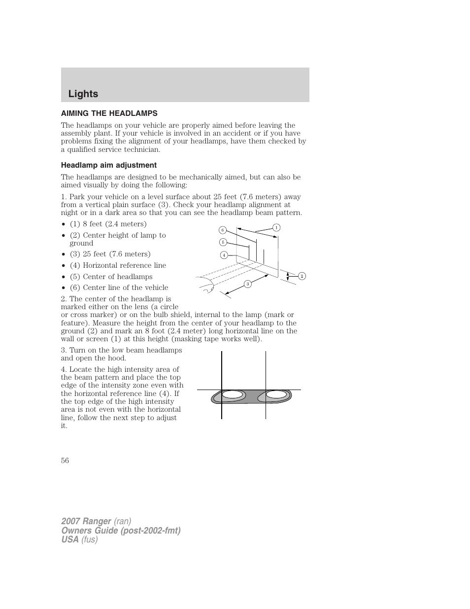 Aiming the headlamps, Headlamp aim adjustment, Lights | FORD 2007 Ranger v.1 User Manual | Page 56 / 280