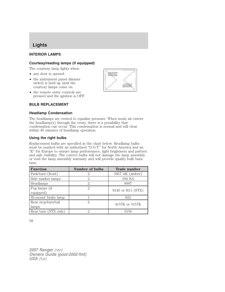 Interior lamps, Courtesy/reading lamps (if equipped), Bulb replacement | Headlamp condensation, Using the right bulbs, Lights | FORD 2007 Ranger v.1 User Manual | Page 58 / 280