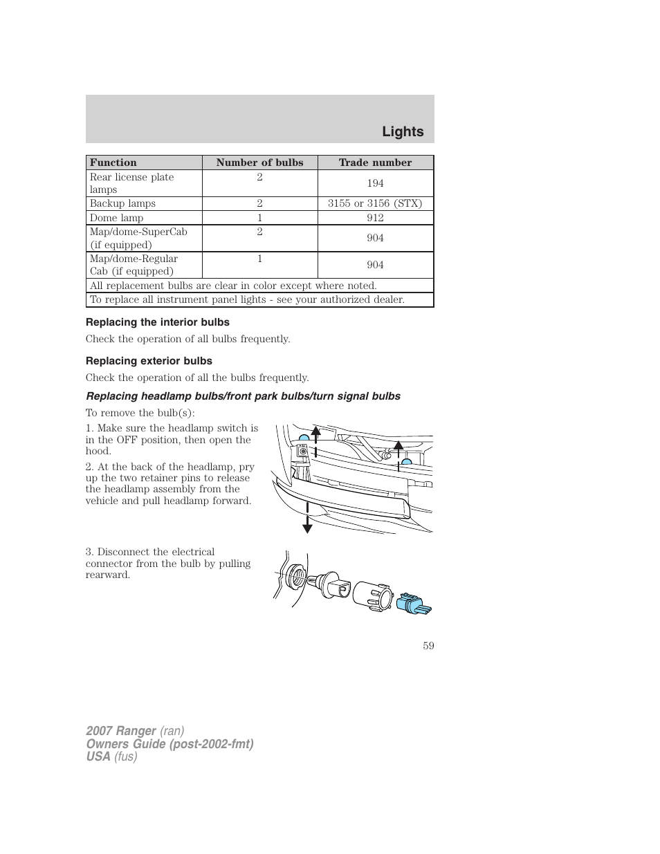 Replacing the interior bulbs, Replacing exterior bulbs, Lights | FORD 2007 Ranger v.1 User Manual | Page 59 / 280