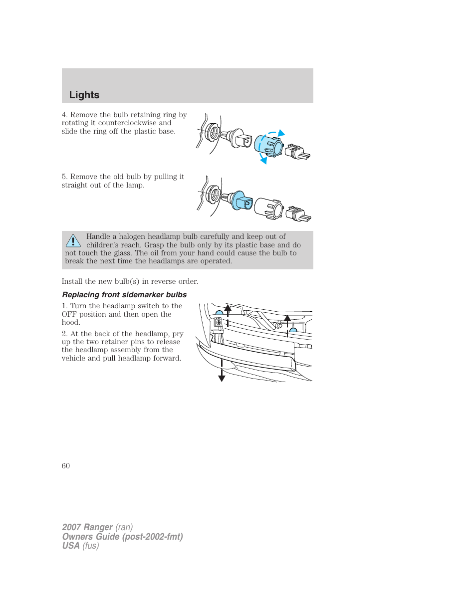 Replacing front sidemarker bulbs, Lights | FORD 2007 Ranger v.1 User Manual | Page 60 / 280