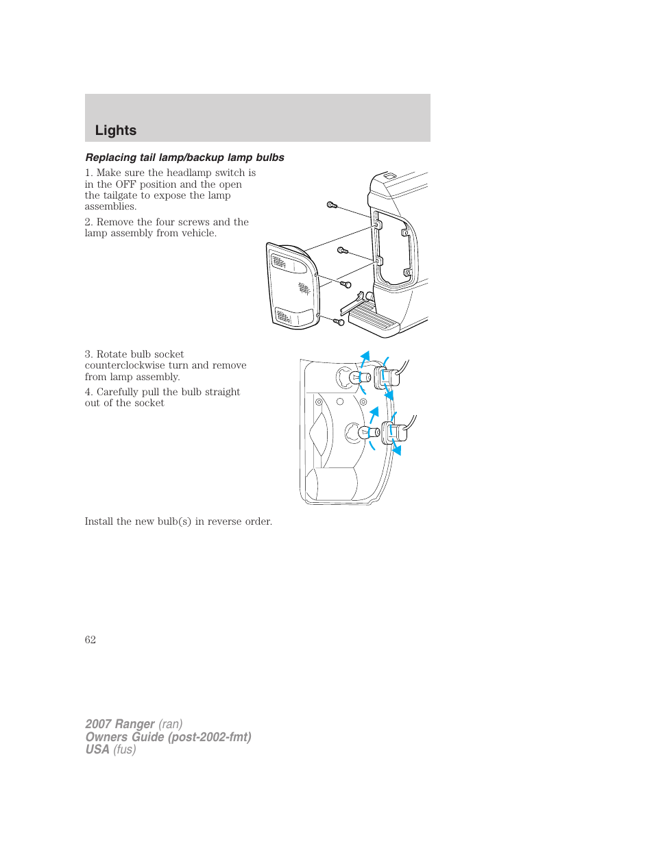 Replacing tail lamp/backup lamp bulbs, Lights | FORD 2007 Ranger v.1 User Manual | Page 62 / 280