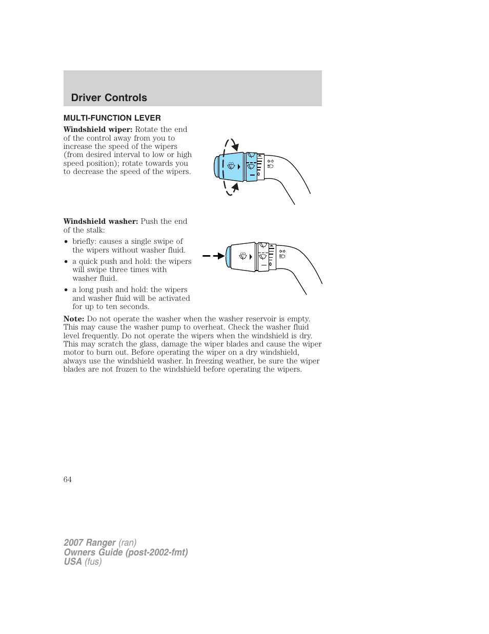 Driver controls, Multi-function lever, Windshield wiper/washer control | FORD 2007 Ranger v.1 User Manual | Page 64 / 280