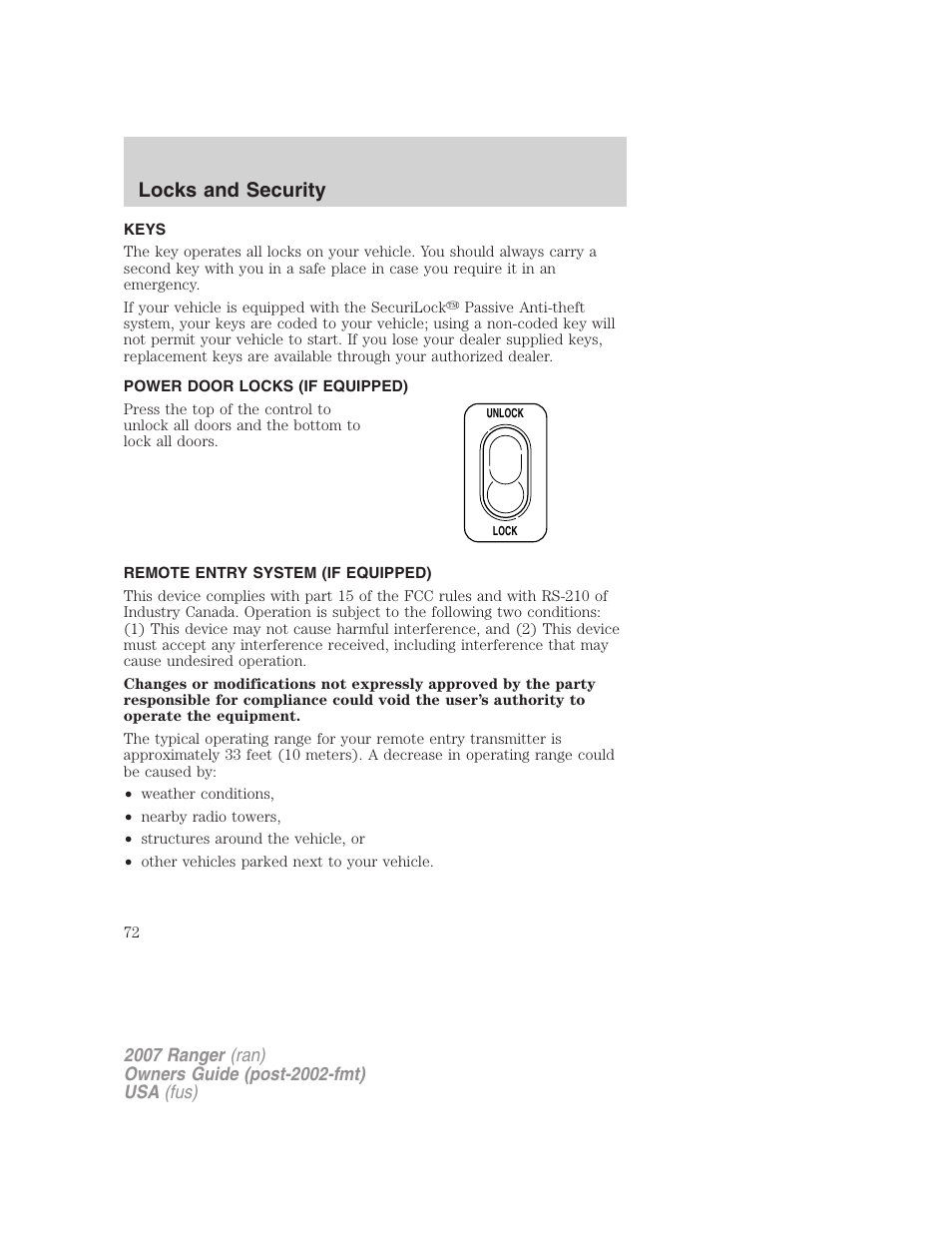 Locks and security, Keys, Power door locks (if equipped) | Remote entry system (if equipped), Locks | FORD 2007 Ranger v.1 User Manual | Page 72 / 280