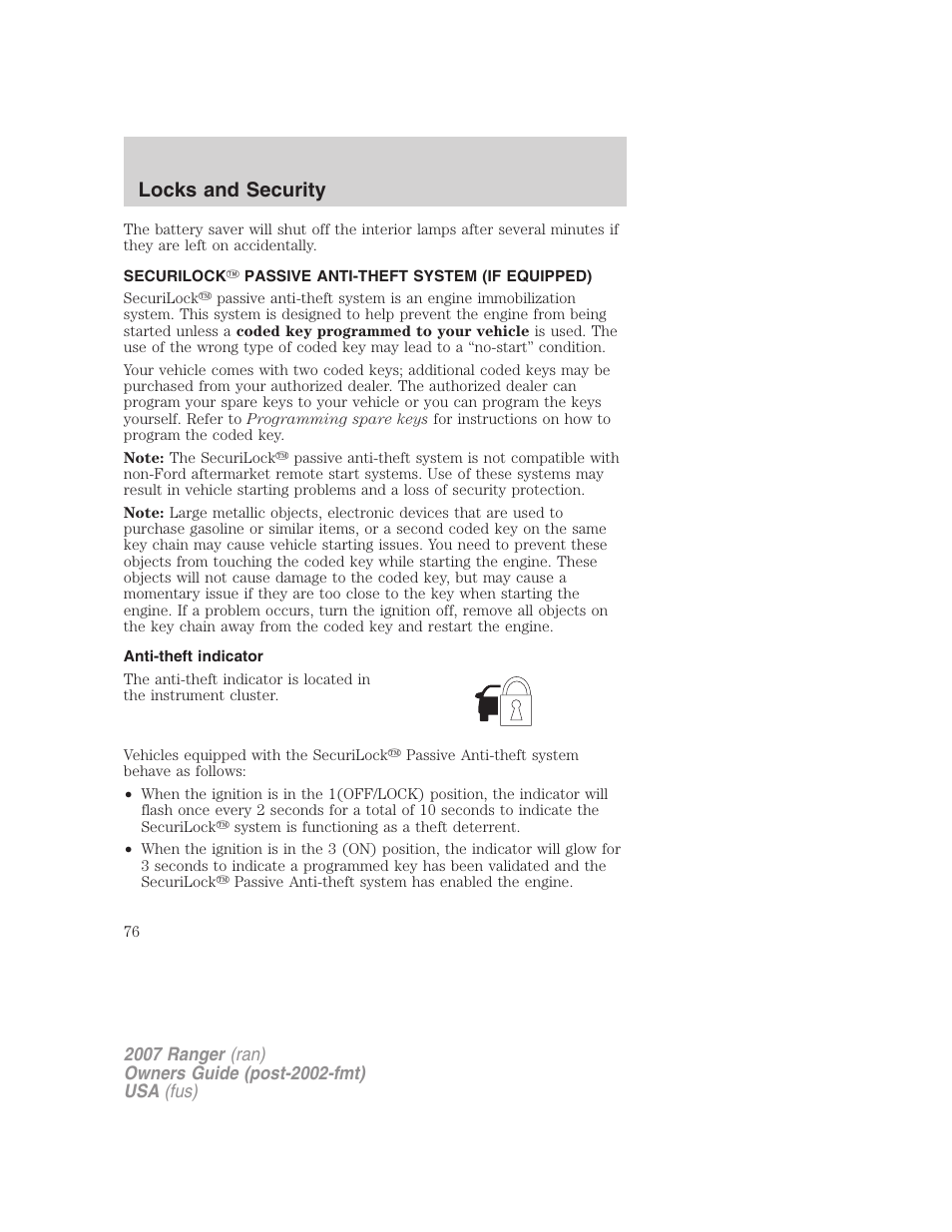 Securilock passive anti-theft system (if equipped), Anti-theft indicator, Anti-theft system | Locks and security | FORD 2007 Ranger v.1 User Manual | Page 76 / 280
