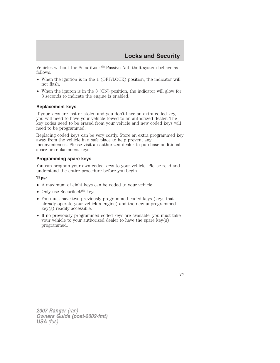 Replacement keys, Programming spare keys, Locks and security | FORD 2007 Ranger v.1 User Manual | Page 77 / 280