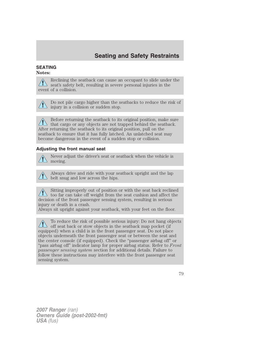 Seating and safety restraints, Seating, Adjusting the front manual seat | FORD 2007 Ranger v.1 User Manual | Page 79 / 280