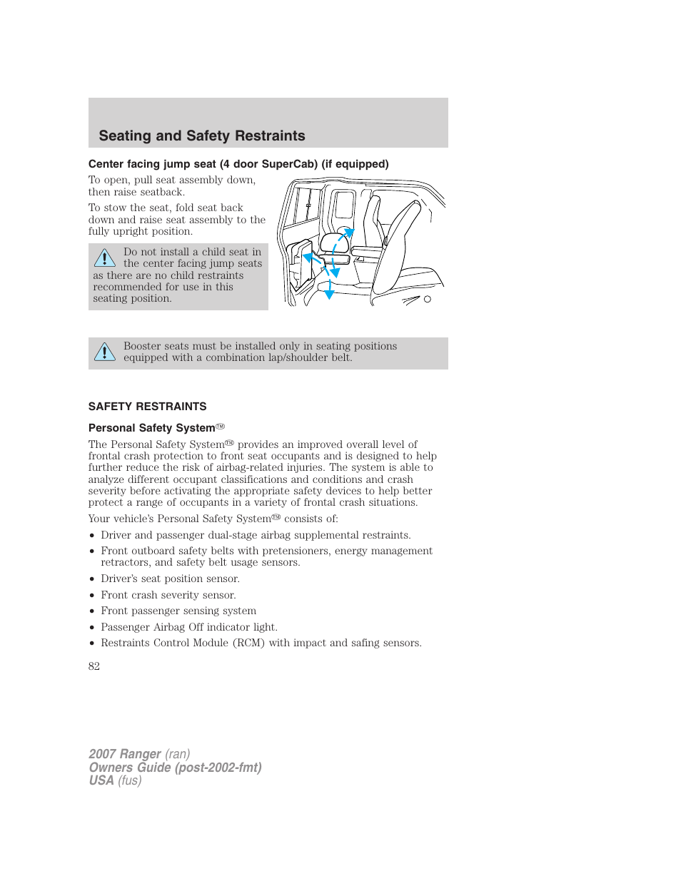 Safety restraints, Personal safety system, Seating and safety restraints | FORD 2007 Ranger v.1 User Manual | Page 82 / 280