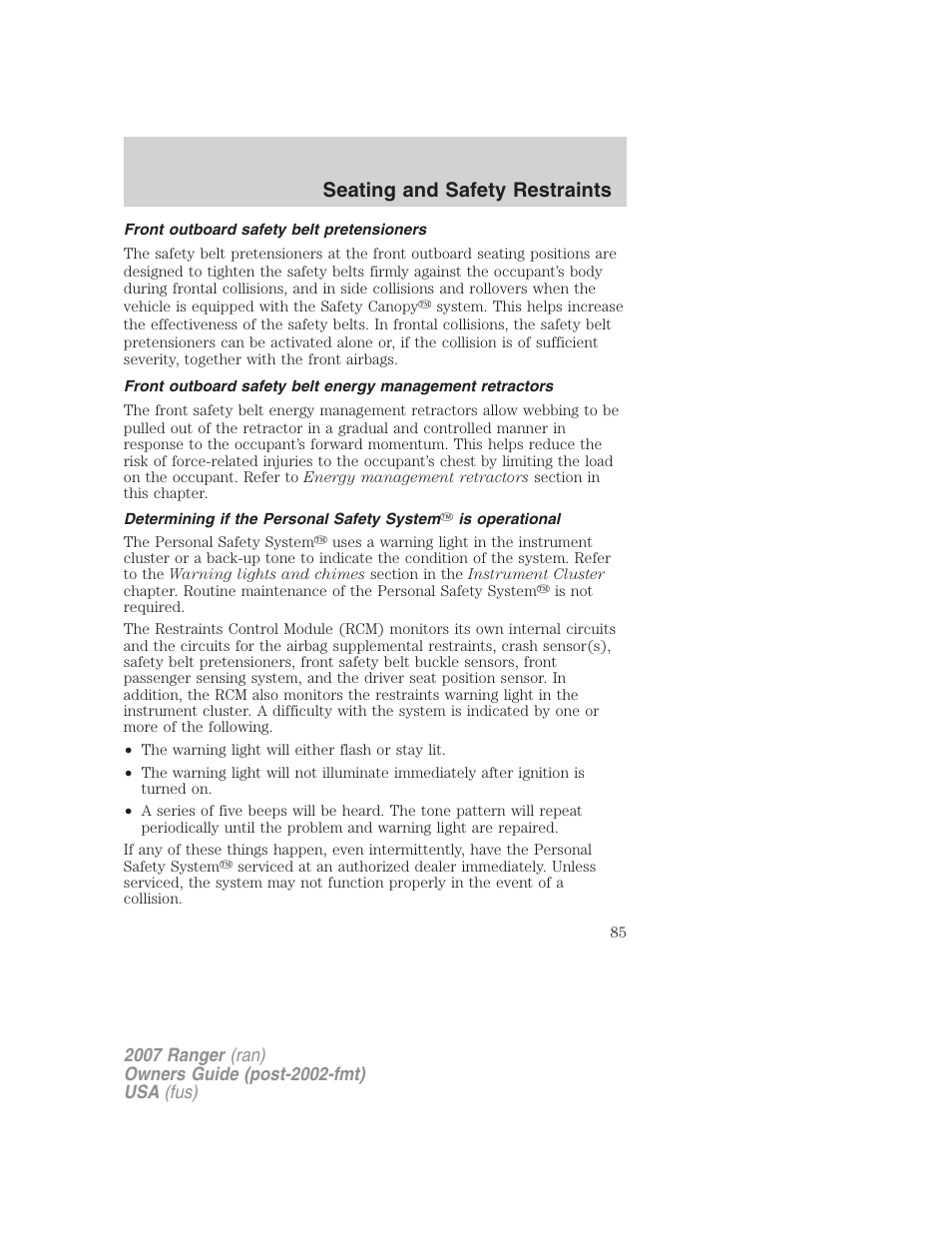 Front outboard safety belt pretensioners, Seating and safety restraints | FORD 2007 Ranger v.1 User Manual | Page 85 / 280