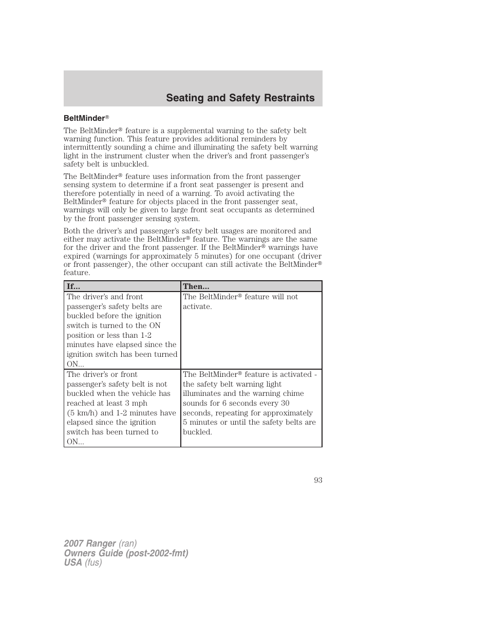 Beltminder, Seating and safety restraints | FORD 2007 Ranger v.1 User Manual | Page 93 / 280