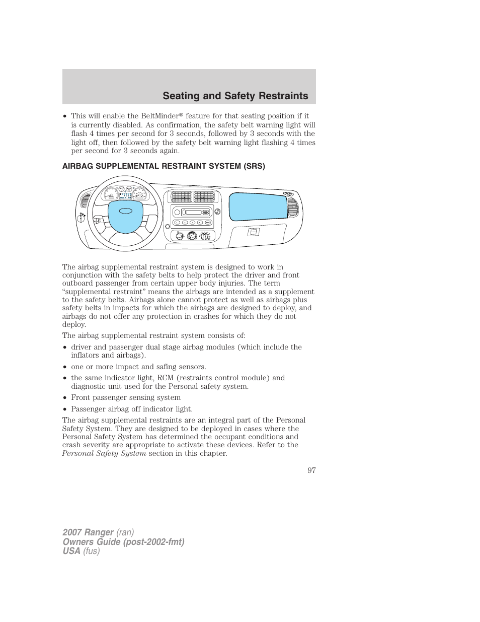 Airbag supplemental restraint system (srs), Airbags, Seating and safety restraints | FORD 2007 Ranger v.1 User Manual | Page 97 / 280