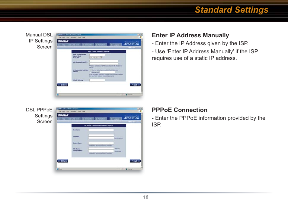 Standard settings | Buffalo Technology WHR3-G54 User Manual | Page 16 / 95