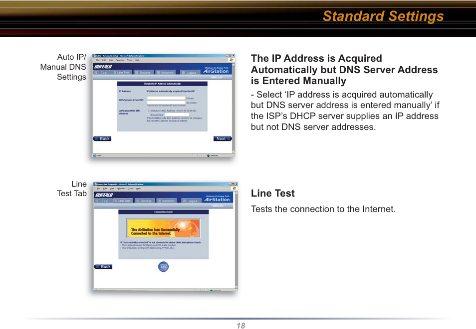 Standard settings | Buffalo Technology WHR3-G54 User Manual | Page 18 / 95