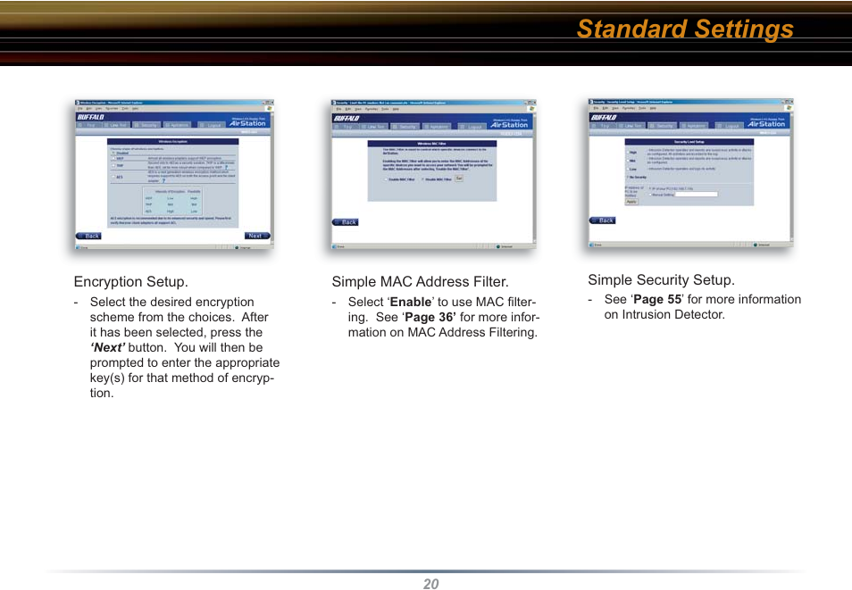 Standard settings | Buffalo Technology WHR3-G54 User Manual | Page 20 / 95