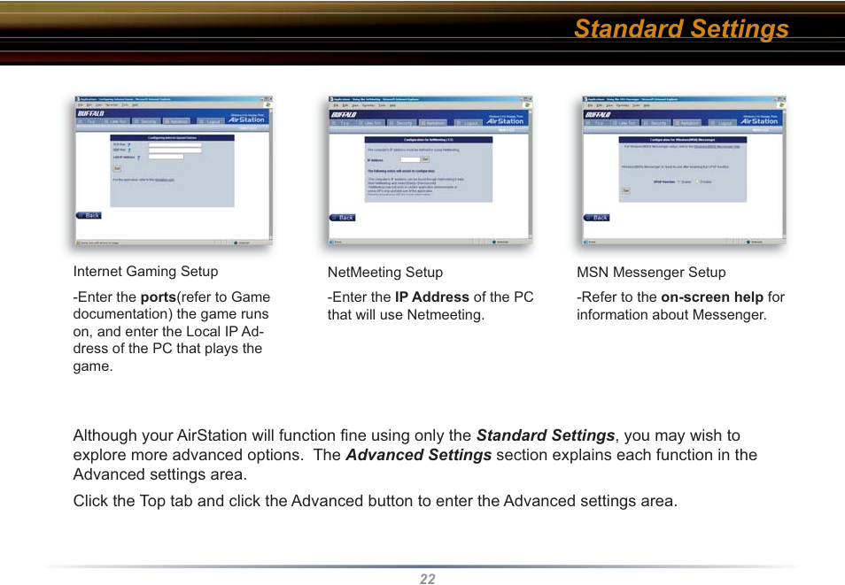 Standard settings | Buffalo Technology WHR3-G54 User Manual | Page 22 / 95