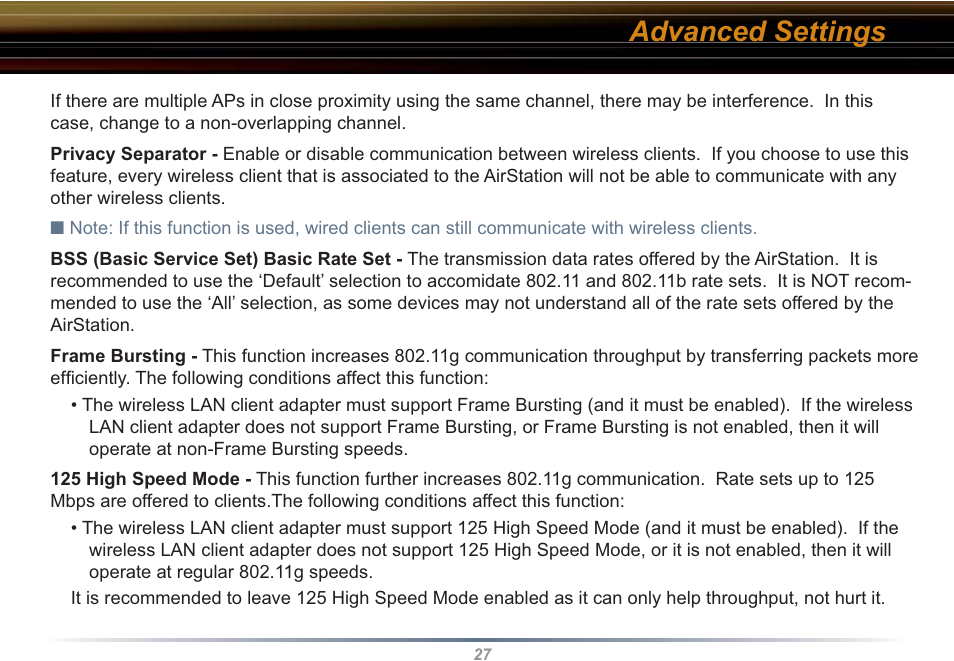 Advanced settings | Buffalo Technology WHR3-G54 User Manual | Page 27 / 95