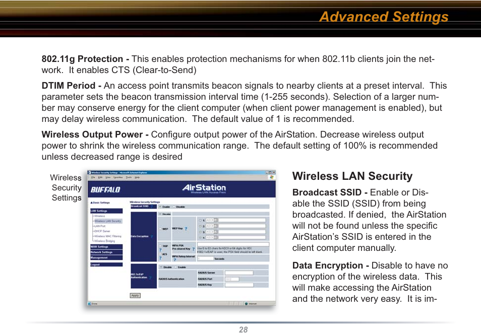 Advanced settings | Buffalo Technology WHR3-G54 User Manual | Page 28 / 95