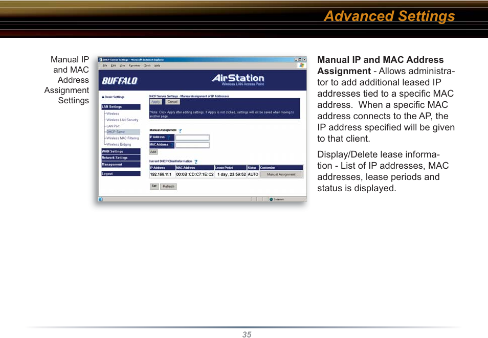 Advanced settings | Buffalo Technology WHR3-G54 User Manual | Page 35 / 95