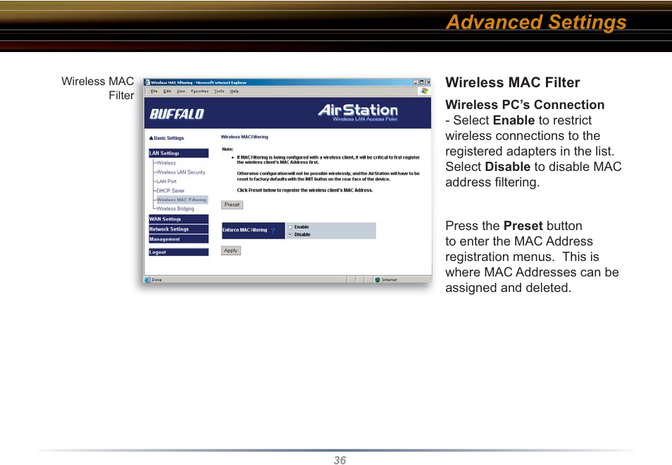 Advanced settings | Buffalo Technology WHR3-G54 User Manual | Page 36 / 95