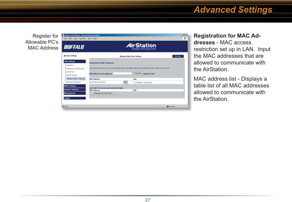 Advanced settings | Buffalo Technology WHR3-G54 User Manual | Page 37 / 95