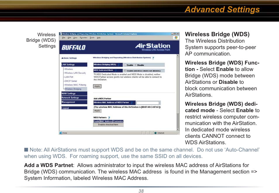 Advanced settings | Buffalo Technology WHR3-G54 User Manual | Page 38 / 95