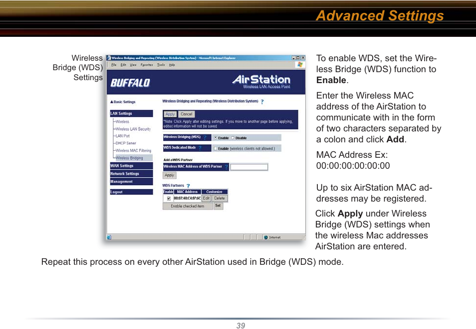 Advanced settings | Buffalo Technology WHR3-G54 User Manual | Page 39 / 95