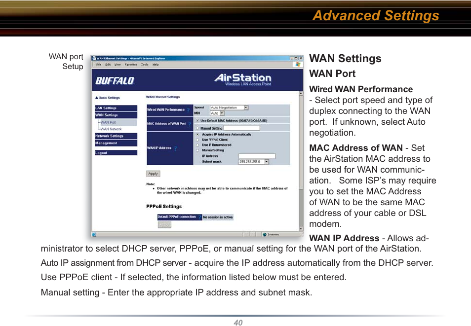 Advanced settings | Buffalo Technology WHR3-G54 User Manual | Page 40 / 95