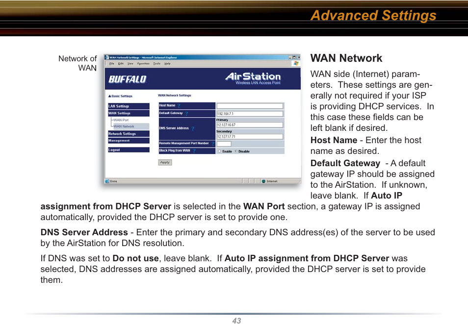 Advanced settings | Buffalo Technology WHR3-G54 User Manual | Page 43 / 95